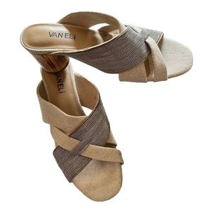 VANELI Lemmie linen metal bead cross strap slide, round bamboo reed heel, sz 7.5